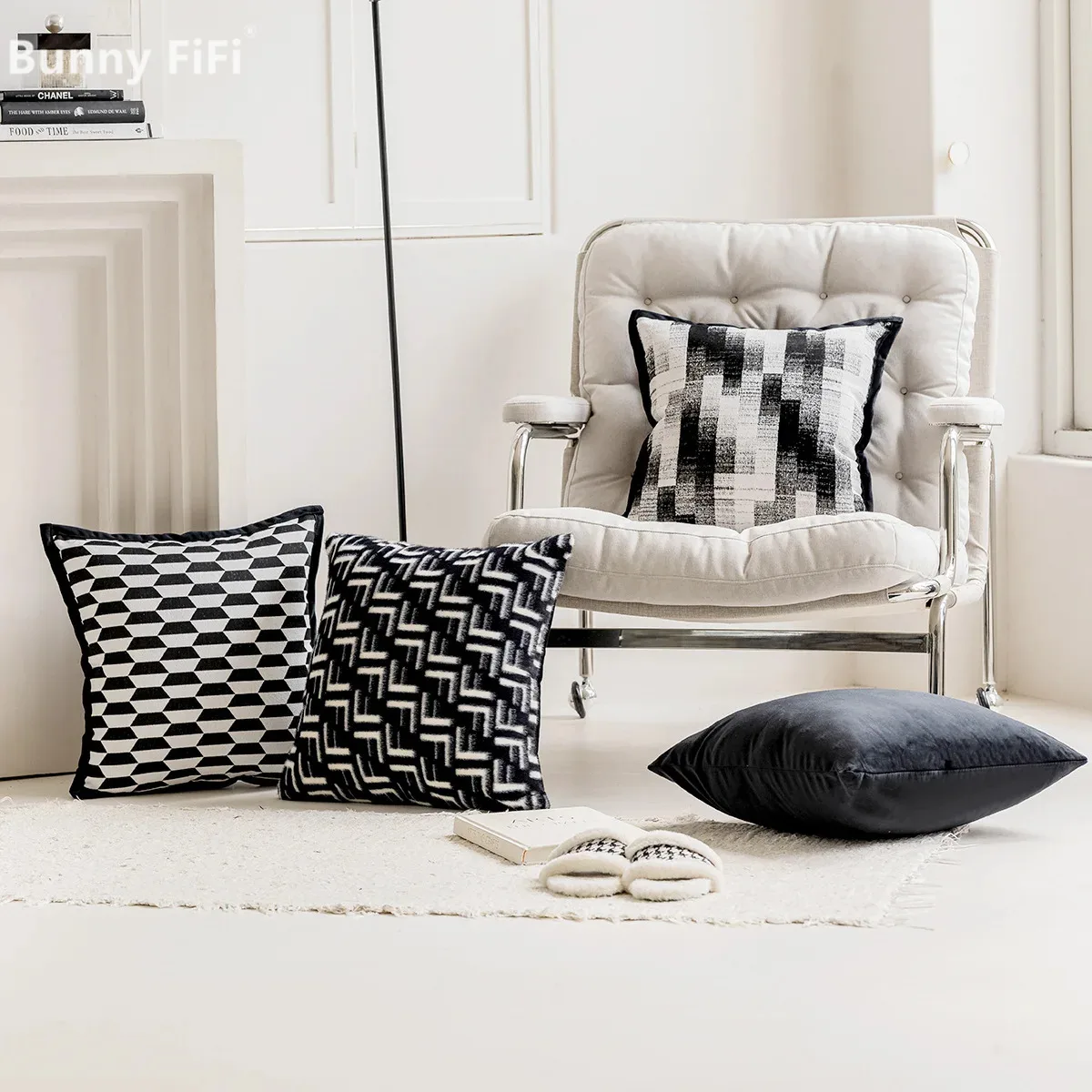 

Роскошный мягкий чехол в черном и белом цвете, плюшевый чехол с геометрическим рисунком, жаккардовые подушки для гостиной, спальни, дивана