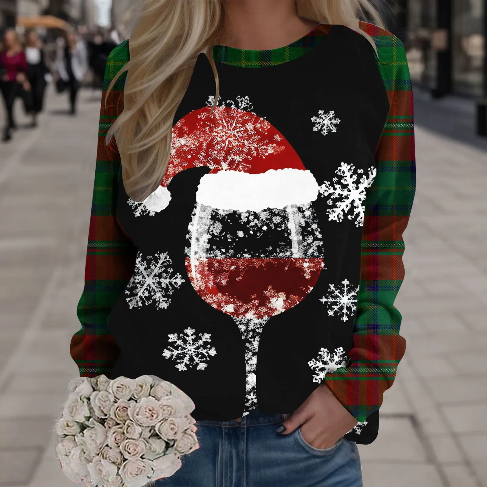 

2023 Autumn New Christmas Sweatshirt Women Girl Wine Cup 3d Print Xmas Snowflake Elk Snowman Pullover Tops Festival Clothing