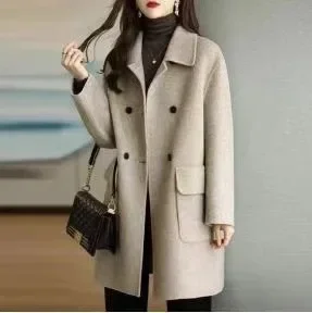 

New Autumn Winter Women Woolen Coat Large Size Loose Woolen Coats Double-breasted Cashmere Woolen Long Overcoat Female