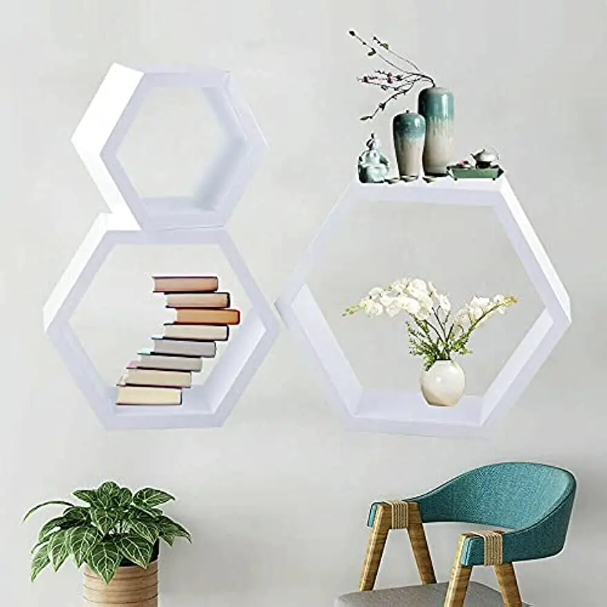 

Bookcase Floating Wall Shees 3er Set Geometric Hexagon Wood Hanging Shelf For Kitchen Bathroom