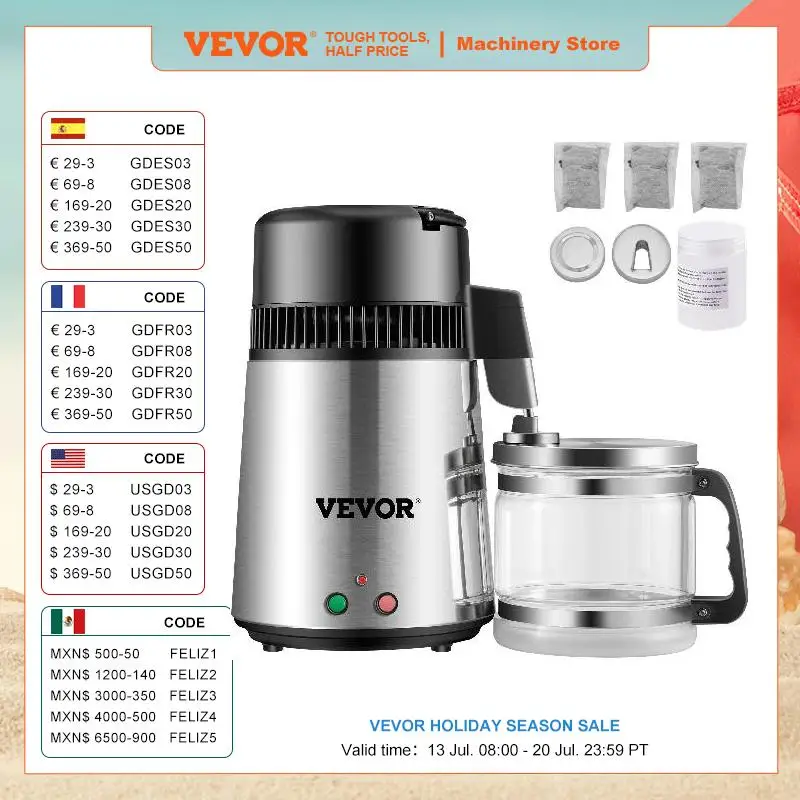 VEVOR 4L Water Distiller 304 Stainless Steel Home Distilled Water Bottle Drinking Dispenser Filter Dental Distillation Purifier
VEVOR 4L Water Distiller 304 Stainless Steel Home Distilled Water Bottle Drinking Dispenser Filter Dental Distillation Purifier