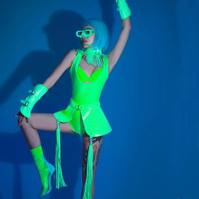 

Gogo Dancer Costume Fluorescent Green Bodysuit Women Pole Dance Clothing Festival Rave Outfit Bar Nightclub Dj Ds Wear XS4483