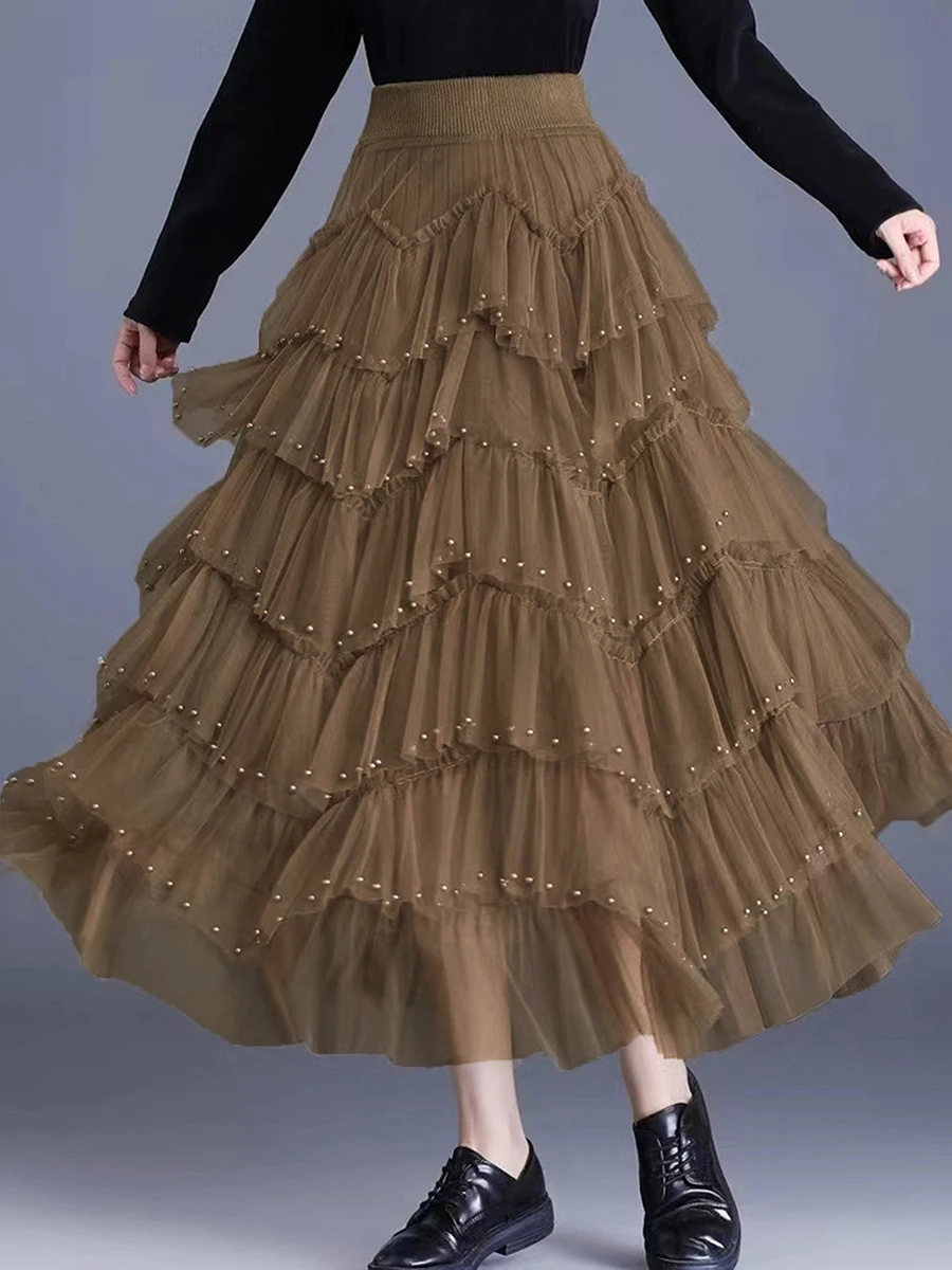 

Женские тюлевые юбки s, летняя эластичная юбка миди с высокой талией и бусинами, повседневная юбка-трапеция в Звездном стиле