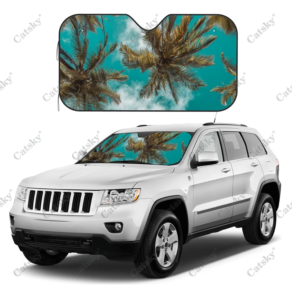 

Hawaii Palm Tree Green Sky Custom Car Windshield Sunshade Universal Foldable Sunvisor Protector Sunshade for SUV Keep Car Cool