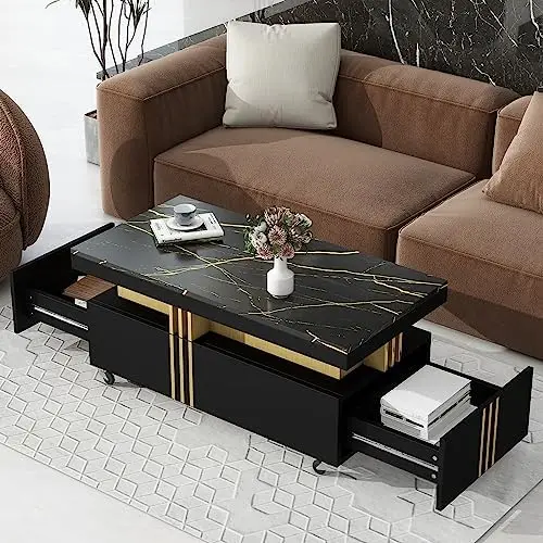 Coffee Table with Faux Marble Top,Moderate Luxury Rectangle Center Cocktail-Platform w/Caster Wheels and Gold Metal Bars,for Liv
Coffee Table with Faux Marble Top,Moderate Luxury Rectangle Center Cocktail-Platform w/Caster Wheels and Gold Metal Bars,for Liv