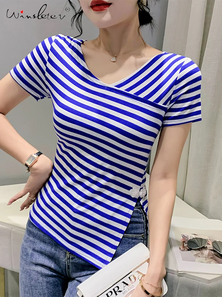 Winsleter Summer European Clothes T-Shirt Woman V Necks Striped Slim Cotton Tops Short Sleeve Elastic Slit Tees New 2023 T34817M
Winsleter Summer European Clothes T-Shirt Woman V Necks Striped Slim Cotton Tops Short Sleeve Elastic Slit Tees New 2023 T34817M