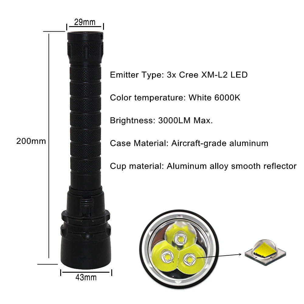 Underwater spearfishing light diving flashlight dive torch XM-L2 LED Waterproof lanterna + 18650 PCB battery + charger 
Underwater spearfishing light diving flashlight dive torch XM-L2 LED Waterproof lanterna + 18650 PCB battery + charger