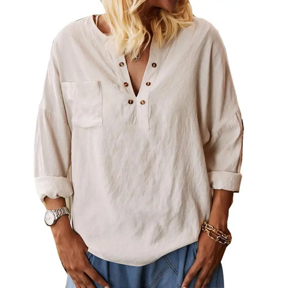 Spring Autumn Women V-neck Buttons Half Placket Blouse Long Sleeve Patch Pocket Loose Fit Long Sleeve Top Outerwear
Spring Autumn Women V-neck Buttons Half Placket Blouse Long Sleeve Patch Pocket Loose Fit Long Sleeve Top Outerwear