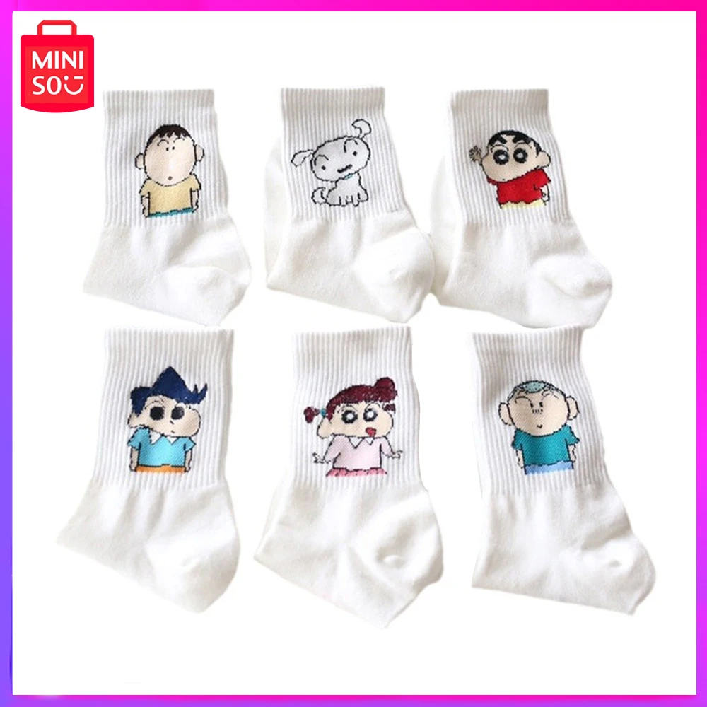 

2024 Miniso Crayon Shin Chan New Cartoon Mens Womens Stockings Cute Couple Sports Mid-Tube Socks Kawaii Christmas Girl Gifts