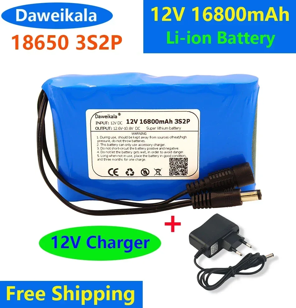 New DC 12V 18650 Battery Pack 16800mAh Rechargeable Batteries 12.6V PCB Lithium Battery Pack Protection Board +12.6V 1A Charger
New DC 12V 18650 Battery Pack 16800mAh Rechargeable Batteries 12.6V PCB Lithium Battery Pack Protection Board +12.6V 1A Charger