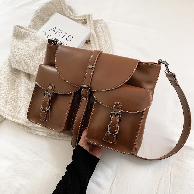 

Retro Multiple Pockets Bag PU Leather Crossbody Bags for Women Hit Trend Women's Branded Trending Side Bag Shoulder Handbag