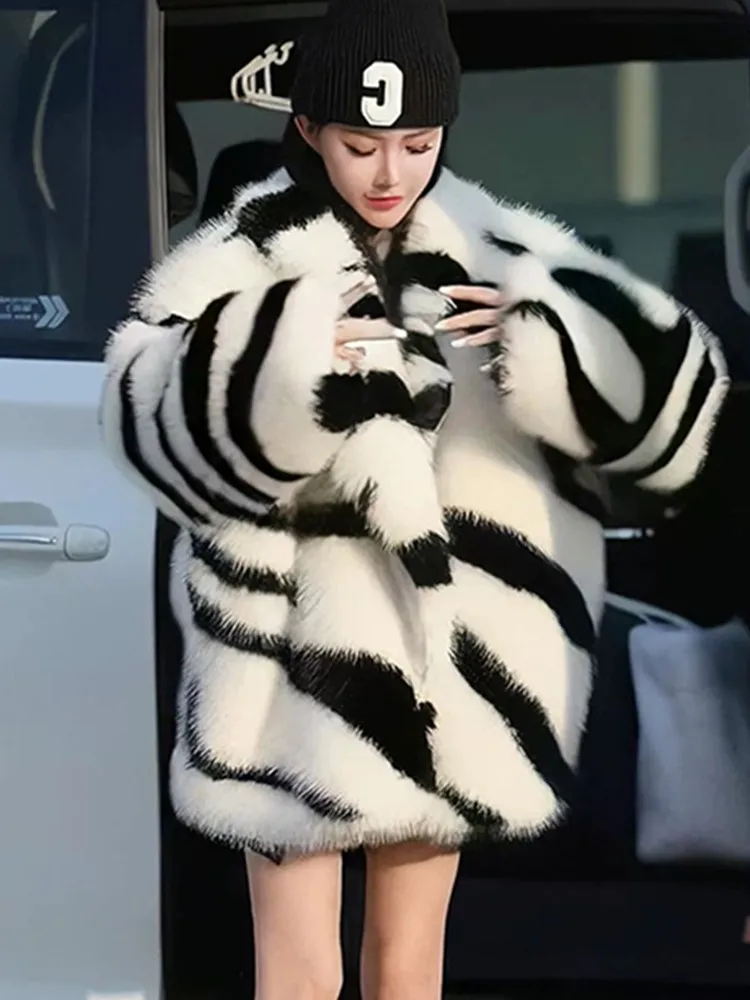 

RDMQ Fluffy Thick Warm Winter Jacket Women Zebra-Print Big Collar Faux Fur Coat Women Oversize Causal Plush Overcoat Streetwear