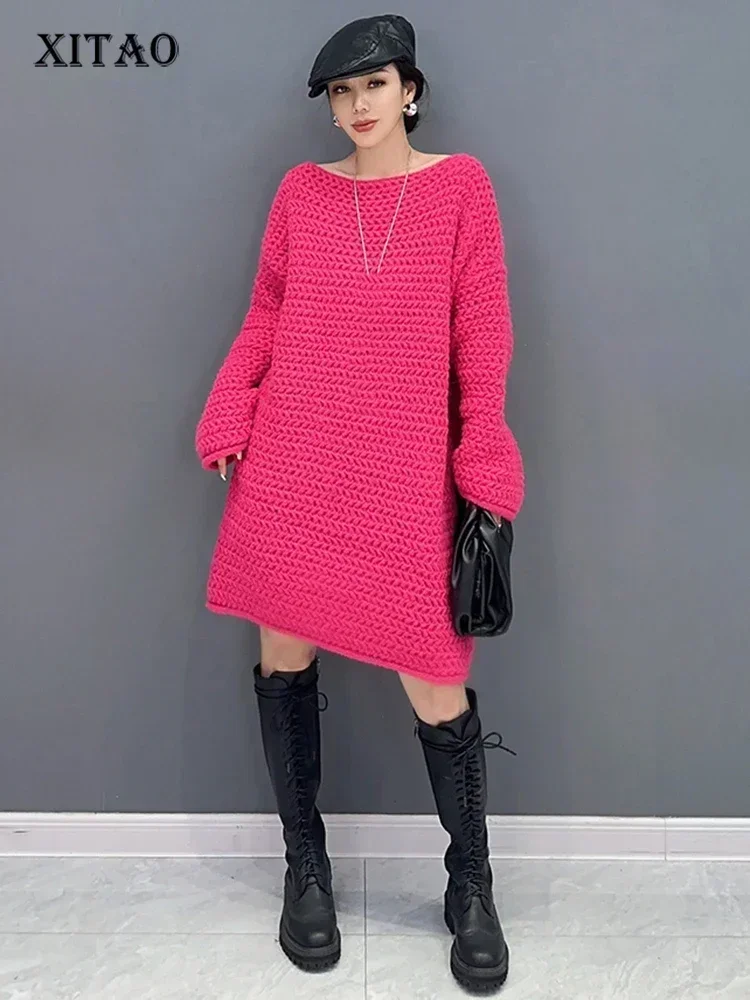 

XITAO Loose Female Knitting Dress Casual Fashion Solid Color Slimming Women Autumn New Arrival Simplicity Trend Dress HQQ1752