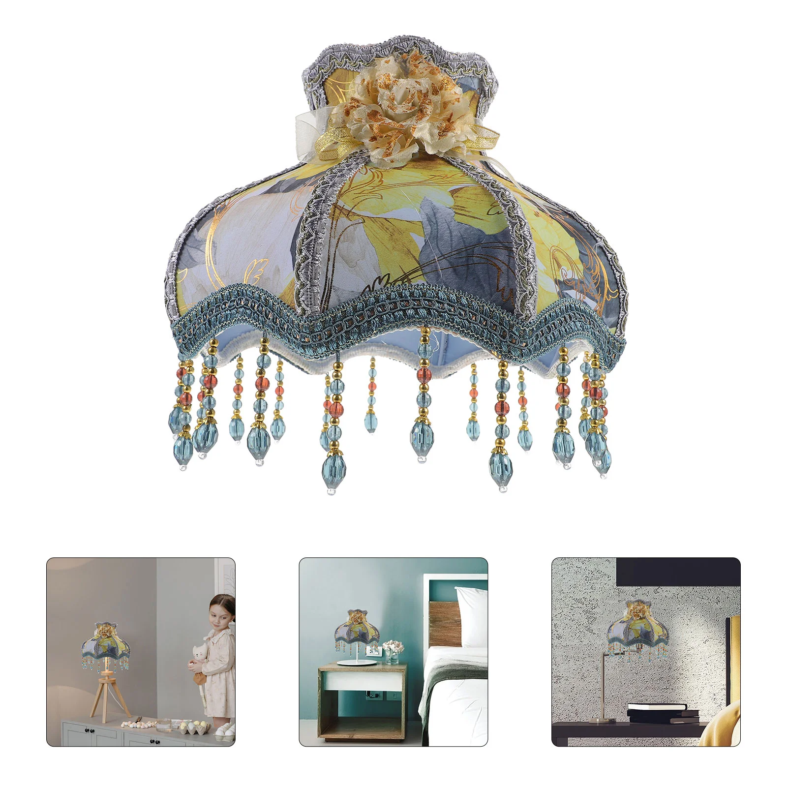

European Style Lampshade Vintage Cloth Art Fringe Bead Lamp Shade Beads Tassel Fabric Flower Scallop Dome Light Cover Living