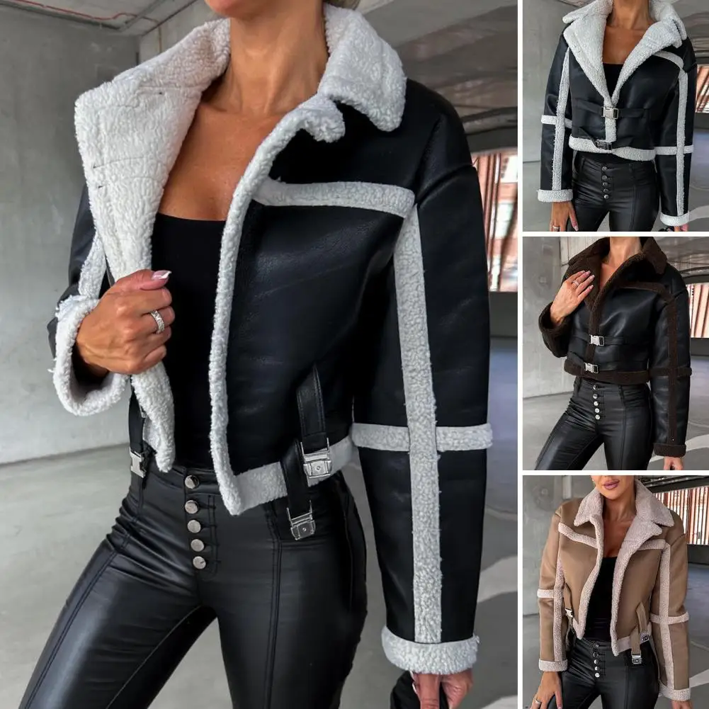 

Women Patchwork Pu Leather Fur Lambswool Cropped Jacket Coats Fashion Thick Lapel Collar Short Overcoat Autumn Lady Warm Outwear