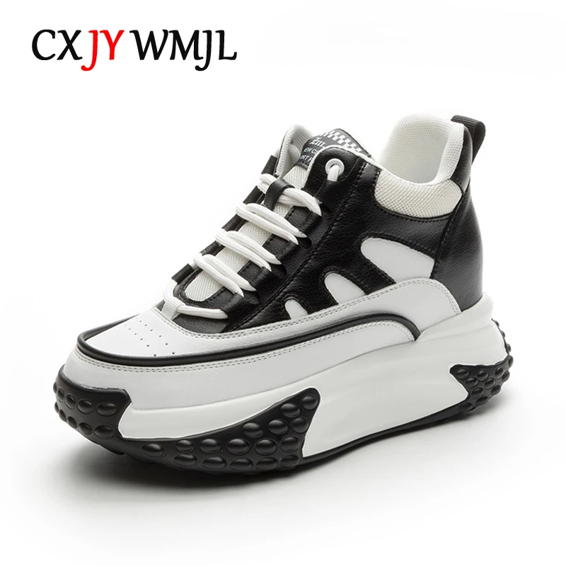 

CXJYWMJL Genuine Leather High Top Sneakers Women Spring Autumn Wedgies Casual Vulcanized Shoes Ladies Thick Soled Sports Shoes