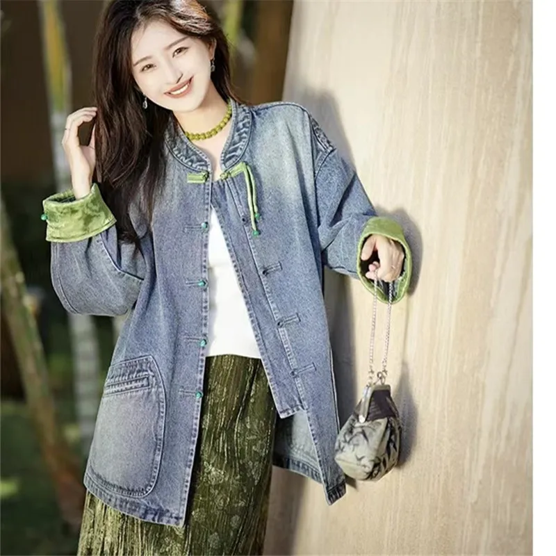 

New Spring Fashion Stand Collar Button Denim Jacket Women Vintage Casual Long Sleeve Jeans Coat Female Loose Cowboy Outwear B271