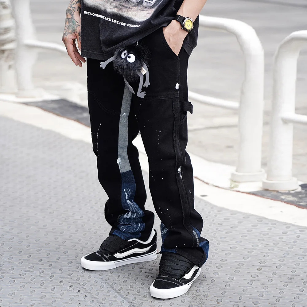 

2023 Hip Hop Splash Ink Wide Leg Jeans Y2k Distressed Colorblock Denim Jean with Print Graffiti Flare Denim Pants for Men