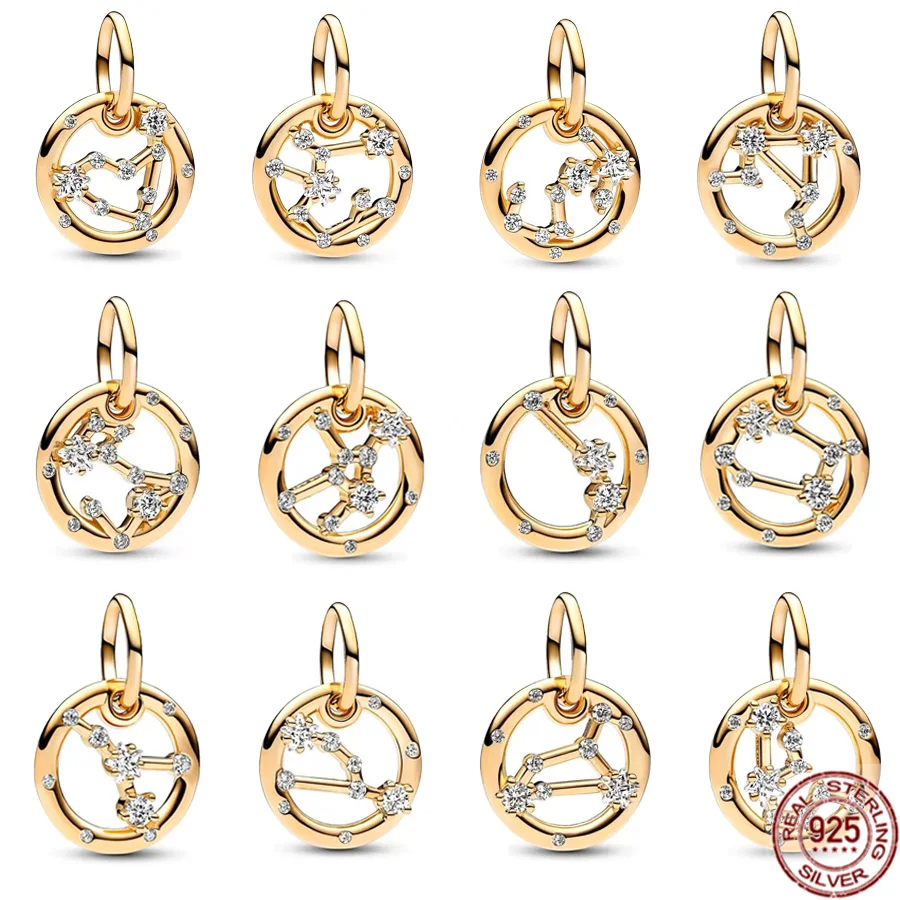 

Gold Plated Sparkling 12 Zodiac Constellations Dangle Charm Beads Fit Original Pandora Bracelet 925 Sterling Silver Jewelry Gift