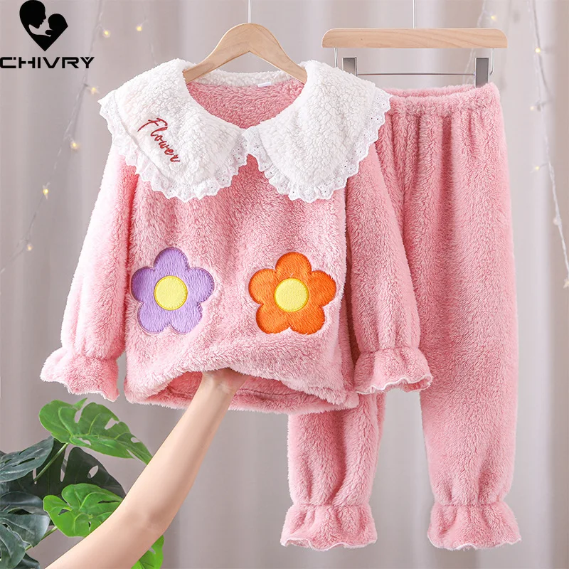 New 2021 Kids Girls Autumn Winter Thicken Flannel Pajama Sets Flower Long Sleeve Lapel Tops with Pants Sleeping Clothing Sets
New 2021 Kids Girls Autumn Winter Thicken Flannel Pajama Sets Flower Long Sleeve Lapel Tops with Pants Sleeping Clothing Sets