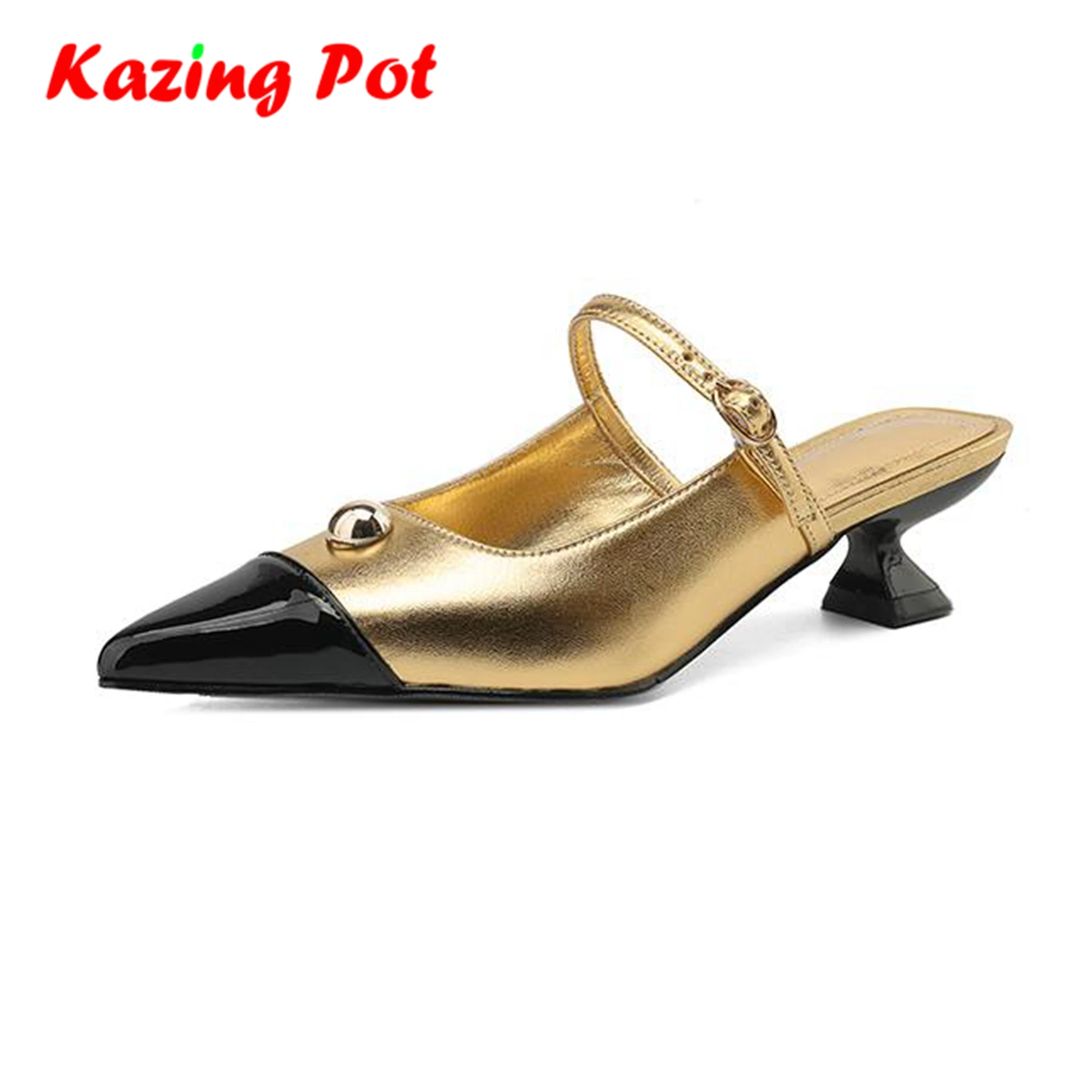 

Krazing Pot Cow Leather Mules Pointed Toe Women Summer Stiletto Med Heels Slip On Gorgeous Brand Shallow Gold Color Beauty Pumps