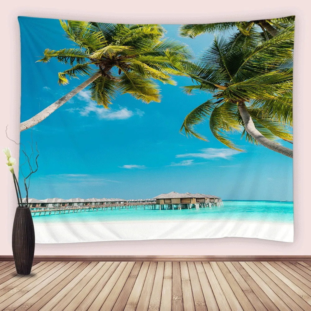 

Palm Tree Island Ocean Beach Wall Tapestry Hanging For Bedroom Nature Blue Sea Wave Landscape Scenery Tapestries Blanket Fabric