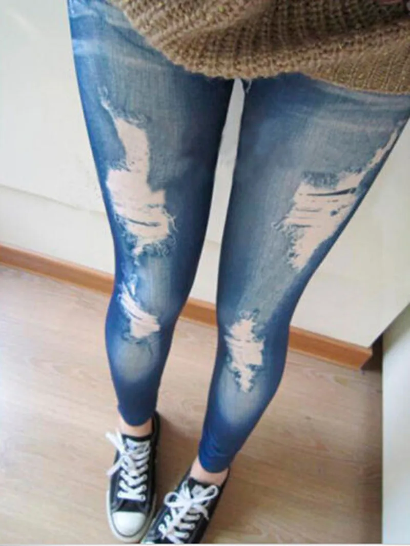 Women Ripped Denim Jean Look Skinny Leggings Slim Jeggings Trousers Blue Black Women Ripped Denim Jean Look Skinny Leggings Slim Jeggings Trousers Blue Black