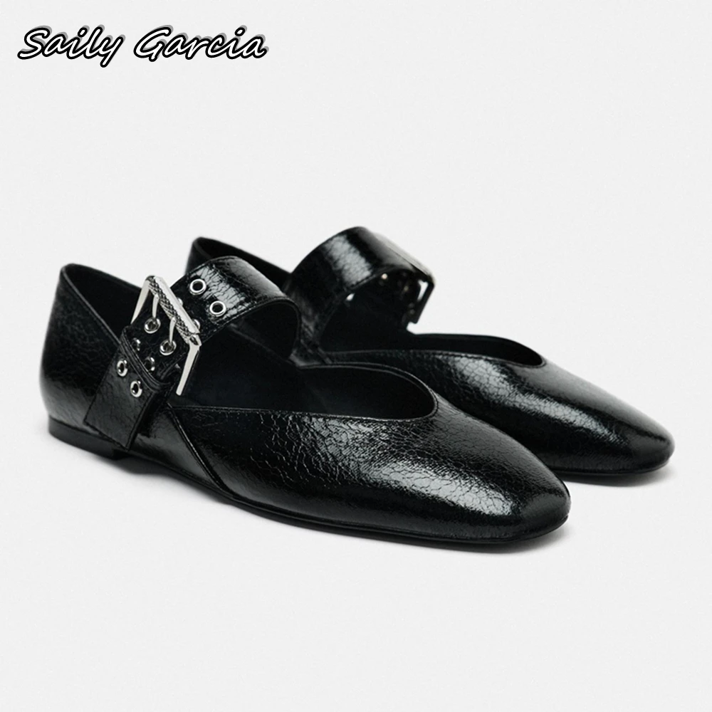 

Black Belt Buckle Strap Shallow Ballet Flats 2024 Summer New Fashion Crack Leather Flats Pointed Toe Low Heel Casual Shoes