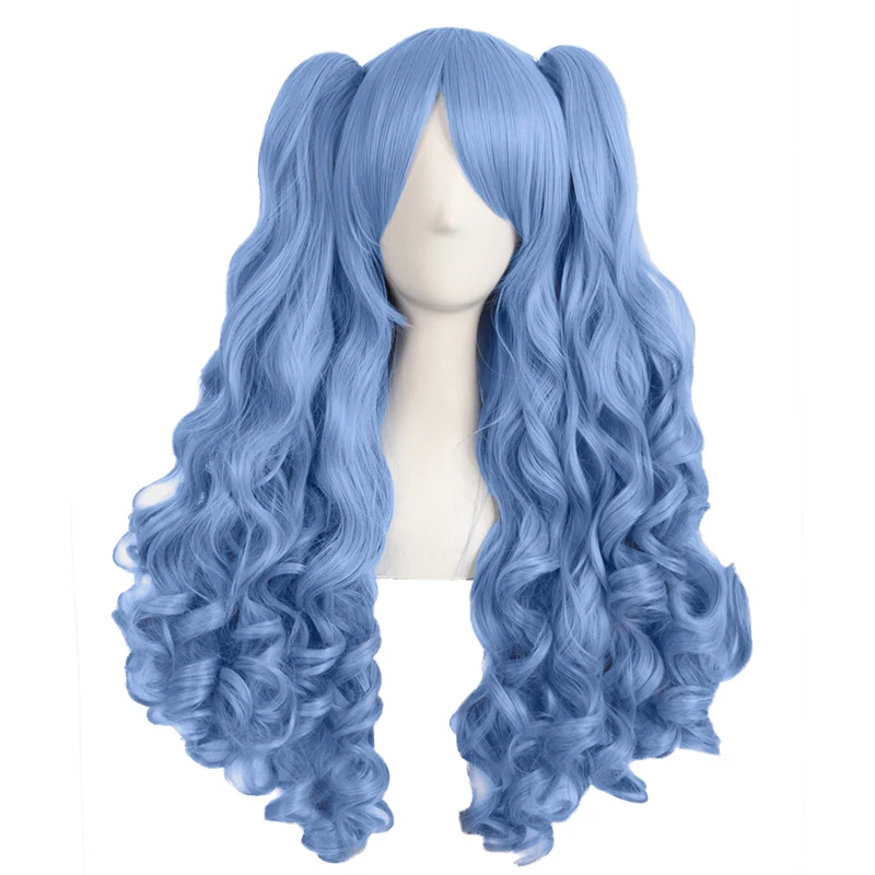 

Cos Wig Female Long Curly Lolita Grip Double Ponytail Big Wave Light Blue Anime Full-Head