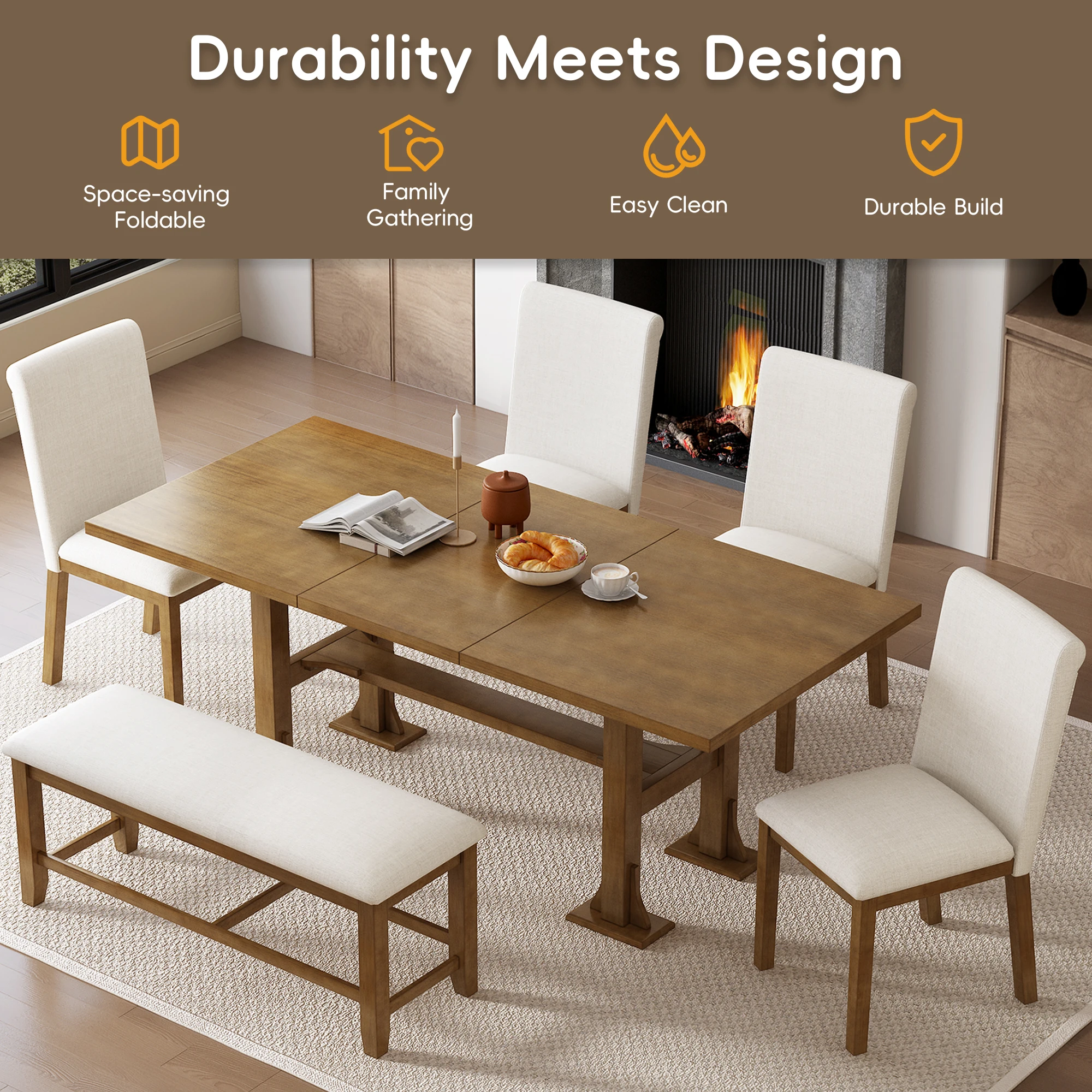Farmhouse 76inch 6-Piece Extendable Dining Table Set Trestle Kitchen Table Set with Removable Leaf and Upholstered Dining Chair Farmhouse 76inch 6-Piece Extendable Dining Table Set Trestle Kitchen Table Set with Removable Leaf and Upholstered Dining Chair