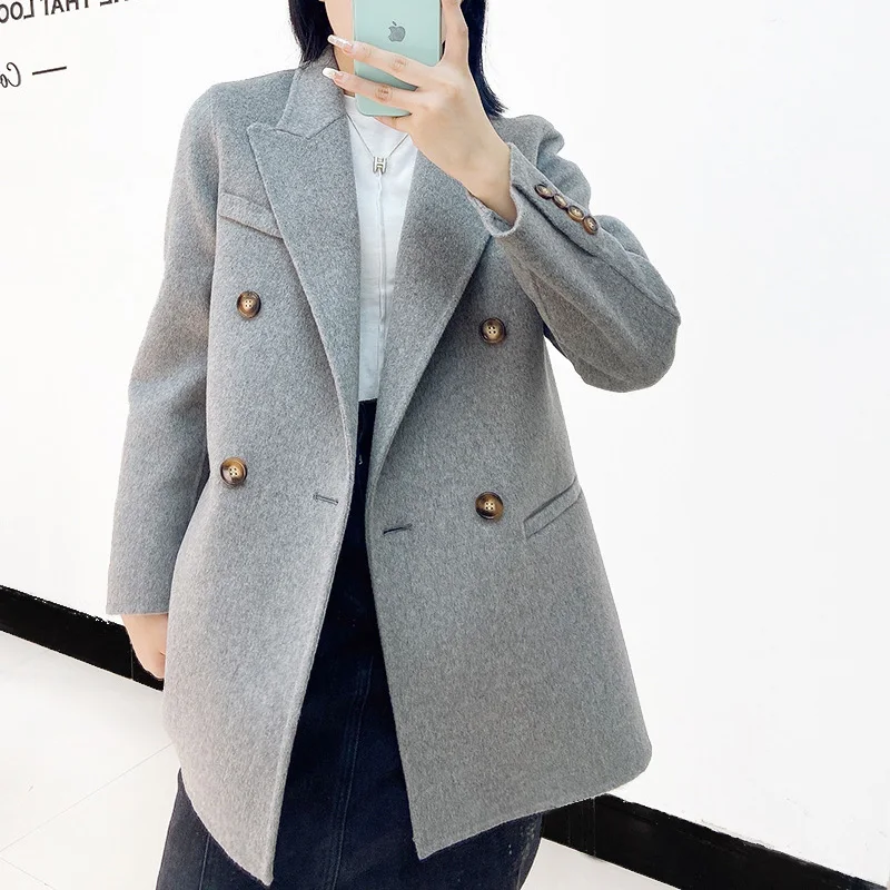 

2023 New Women Office Lady Double-sided Wool Coat Mid-length Double-breasted Lapel Wool Coats Fashion Clothing Famale Spring Win