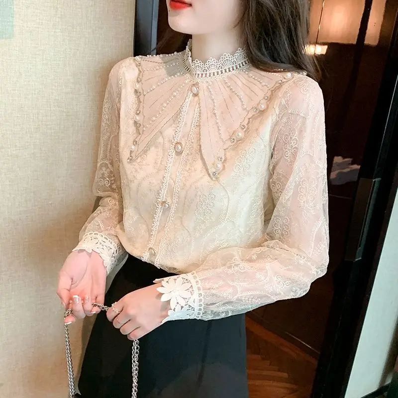 

2024Women's New Fashion Elegant Solid Button Lace Casual Comfortable and Versatile Long Sleeve Slim Fit Chiffon Shirt Tops