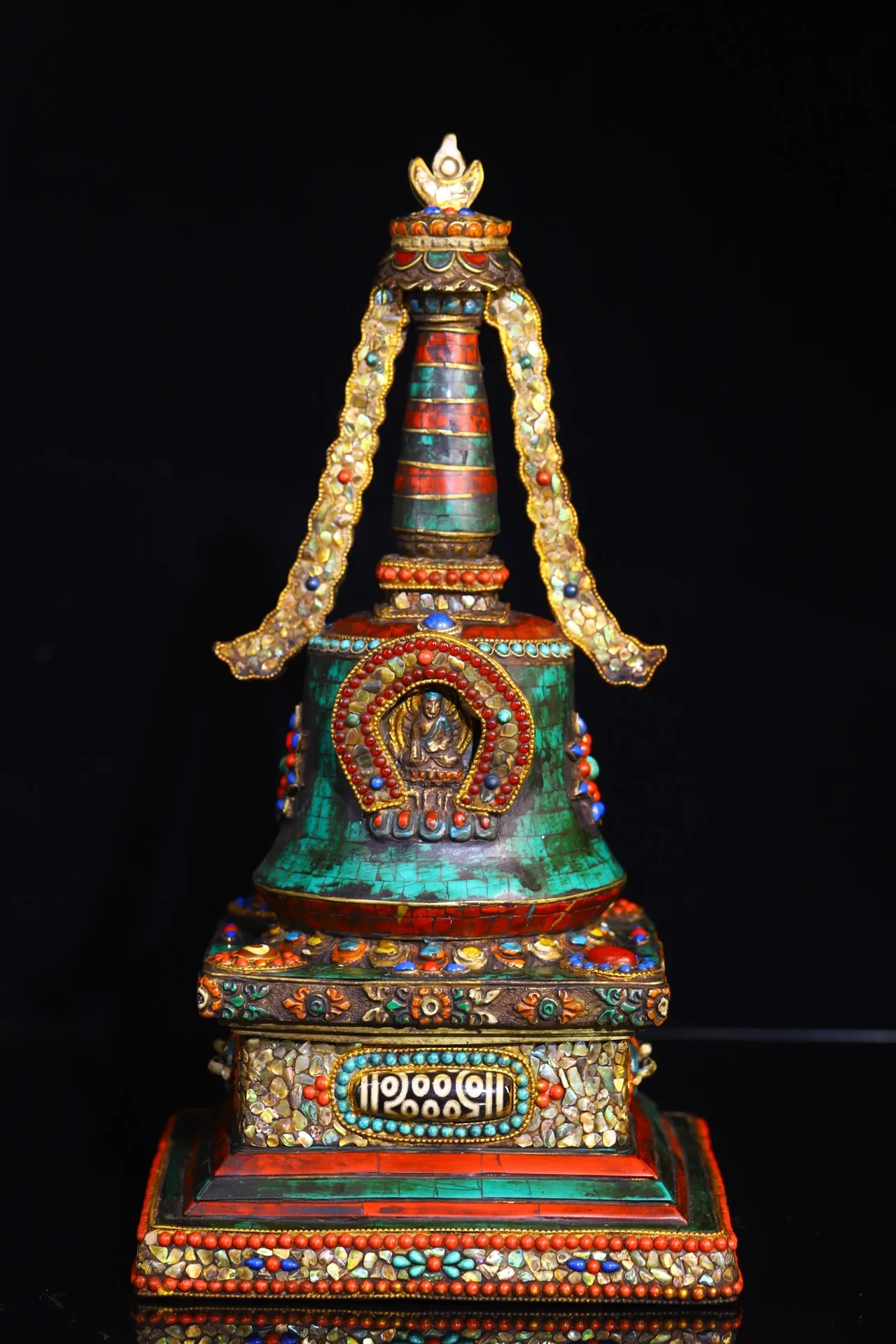 

12"Tibetan Temple Collection Old Bronze Painted Mosaic Gem gZi Beads Turquoise Shell Buddha Pagoda Stupa Worship Hall Town house