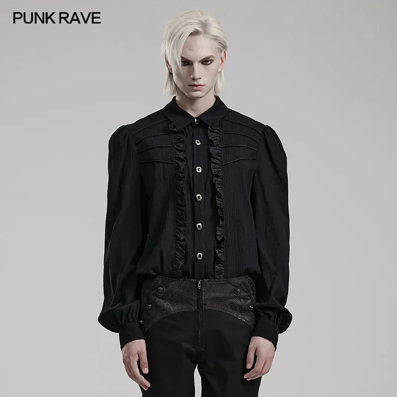 

PUNK RAVE Men's Gothic Lightweight Crinkled Woven Daily Shirt Party Black Tops Exquisite Hand-stitched Button Men Clothing