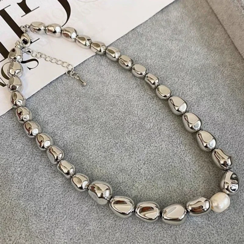 

Retro Punk Style Irregularity Baroque Pearl Necklace for Women Y2k Accessories Stainless Steel Beaded Choker Hip Hop Jewelry