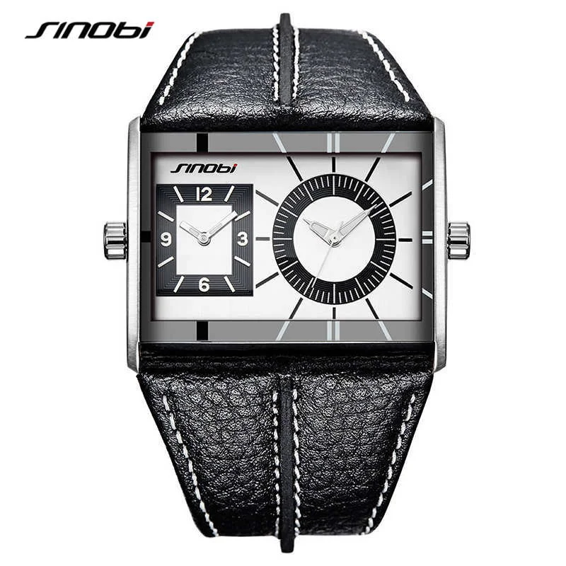 

SINOBI Dual Time Zone Men Watches Unique Design Leather Strap 43mm Dial Men's Quartz Wristwatches Clock for Business Men Watch