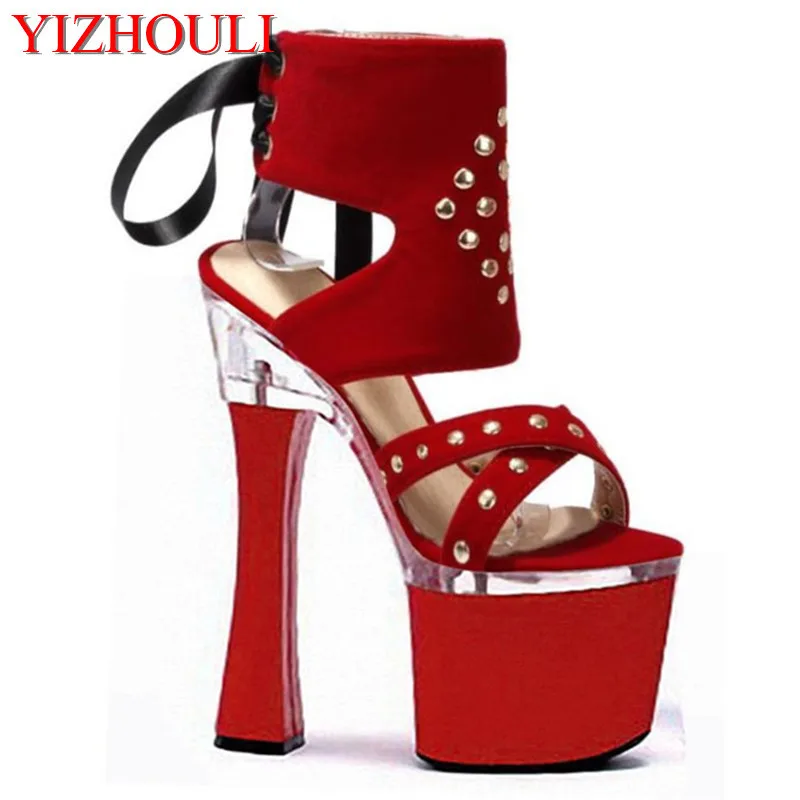 

Cloth cover rivet decoration crystal red club super high heels 18 cm heels waterproof Roman dance shoes