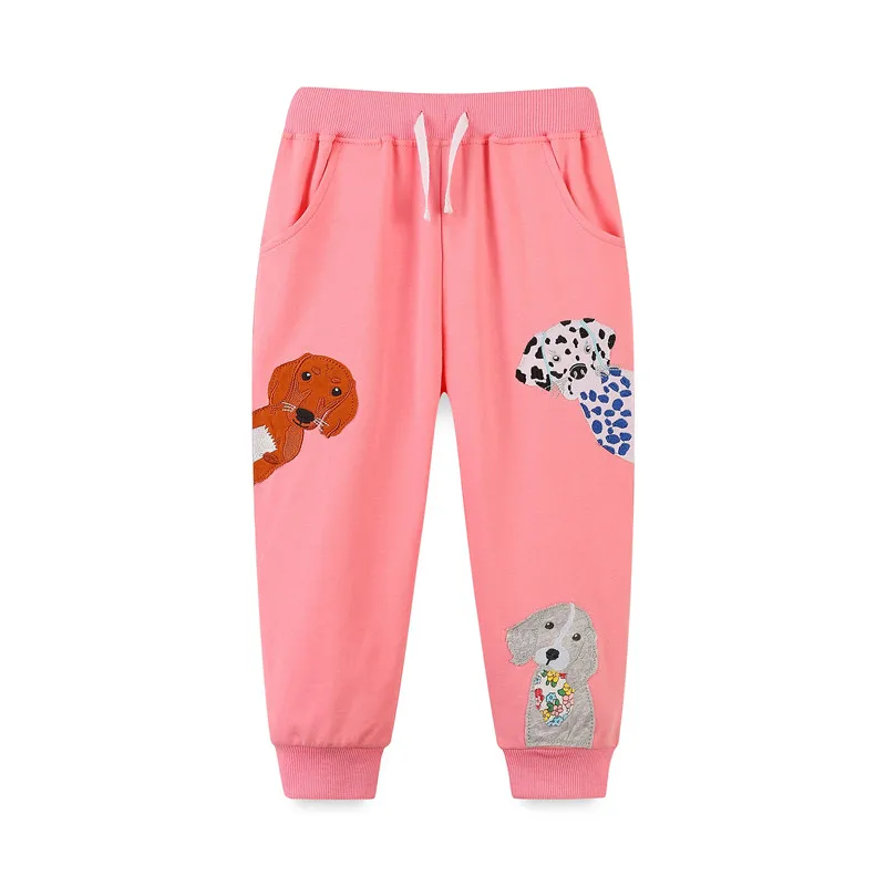 

Jumping Meters 2-7T Girls Sweatpants Dogs Applique Children's Clothing Full Length Drawstring Animals Embroidery Baby Trousers