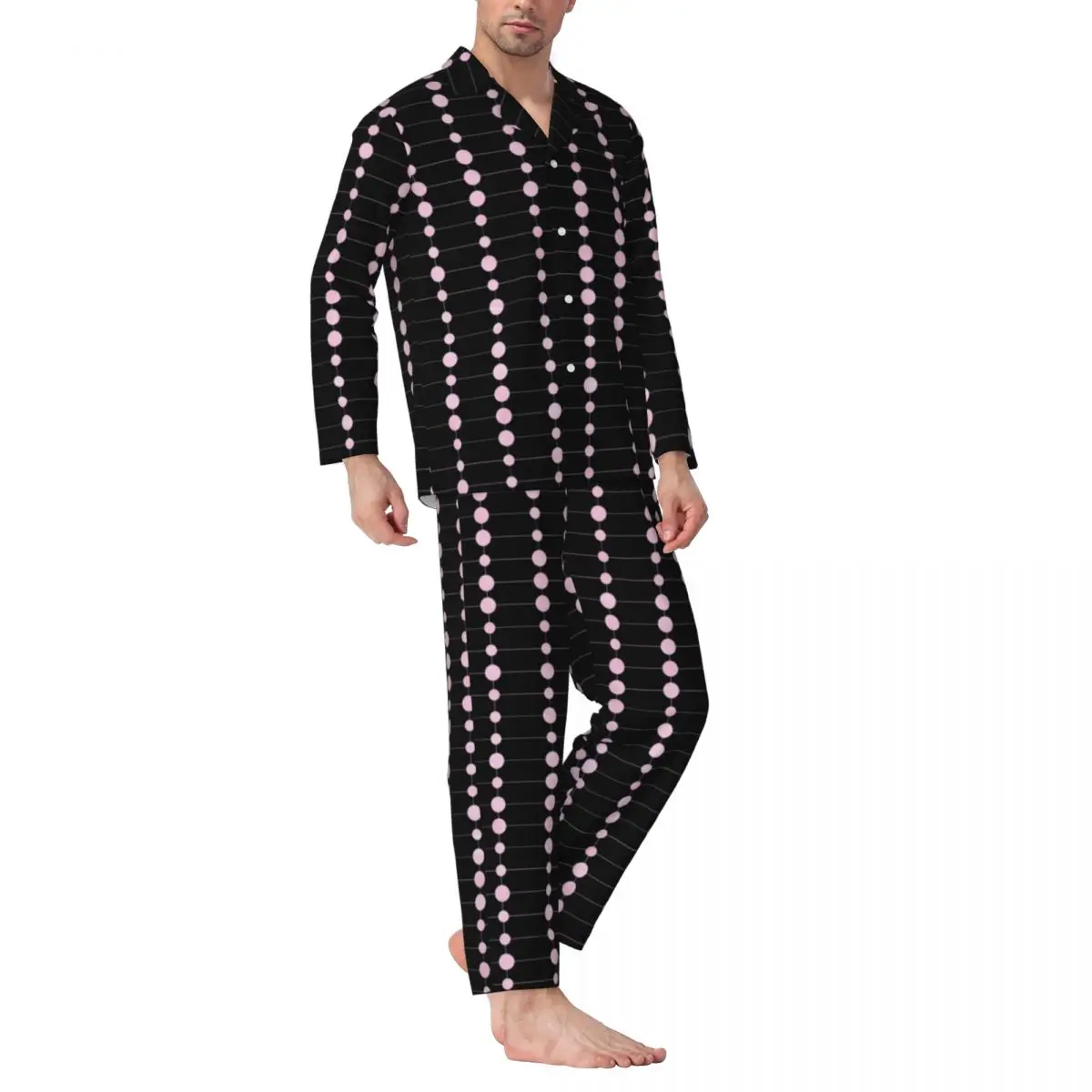 

Dots And Stripes Print Pajamas Set Spring Elegant Modern Art Warm Sleep Sleepwear MenTwo Piece Casual Loose Oversized Nightwear