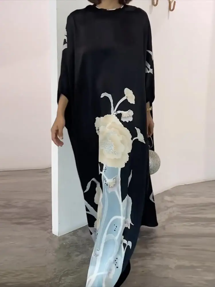 

Женское платье с цветочным принтом, круглым вырезом и рукавами «летучая мышь»