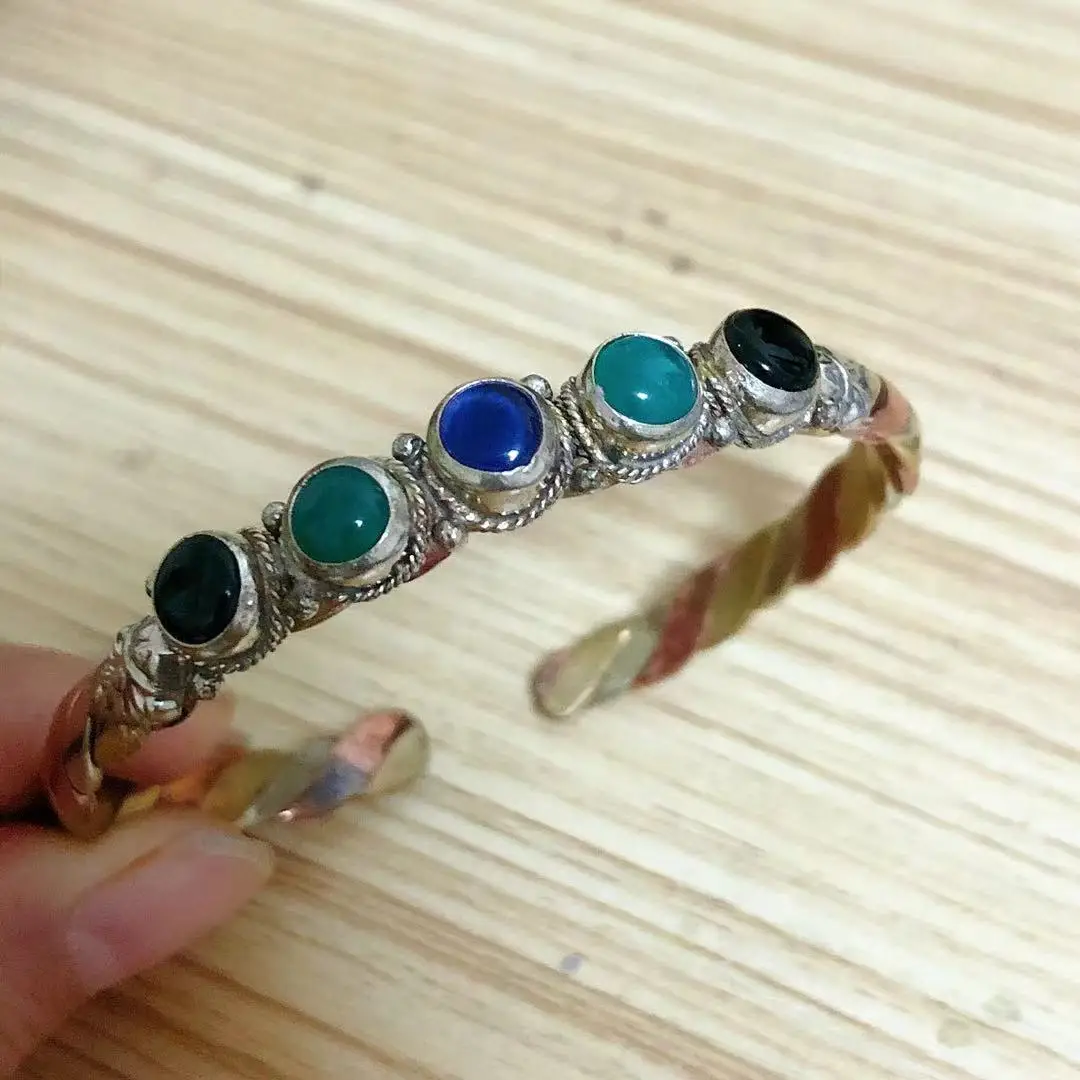 Bracelet Tibétain en Métal Incrusté de Perles Colorées pour Femme, Bijoux en Cuivre, Largeur 6mm, Mince, Dos Ouvert, Manchette, BR003 5