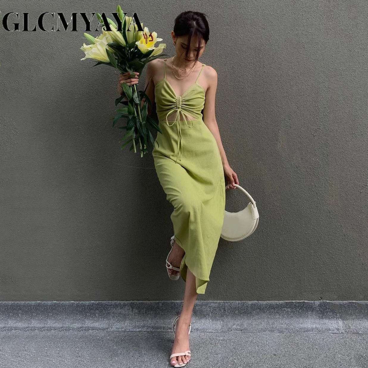 

GLCMYAYA Women Sleeveless Bow Draw String Hollow Out Bodycon Dress 2023 Casual Fashion Solid Sweet Spaghetti Strap Dresses