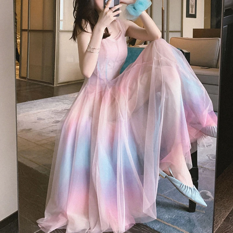 Элегантное французское Радужное платье на бретелях, женское корейское длинное платье без рукавов Y2k, женское повседневное милое женское платье, лето 2023