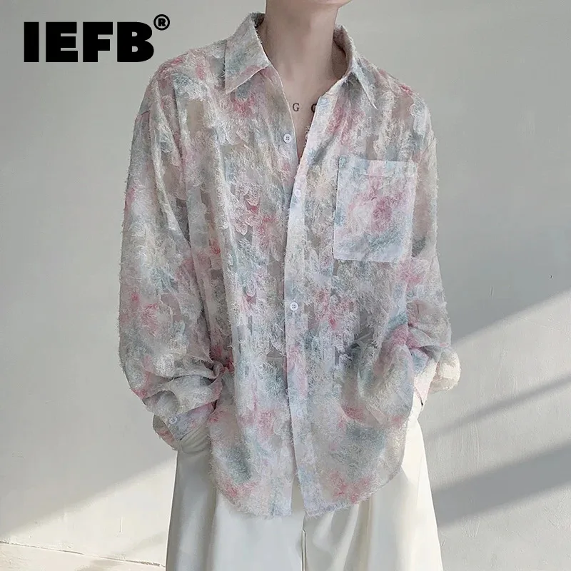 

IEFB 2024 New Men's Shirt Long Sleeve Flower Texture Thin Clothing Single Breasted Breast-pocket Design Trendy Male Top C5884