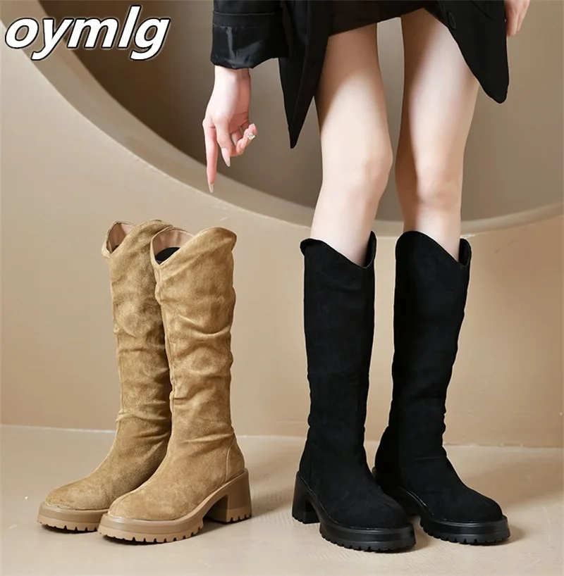 Suede pile up long boots for women knee high boots for autumn and winter new solid round head sleeve thick heel high boots
Suede pile up long boots for women knee high boots for autumn and winter new solid round head sleeve thick heel high boots