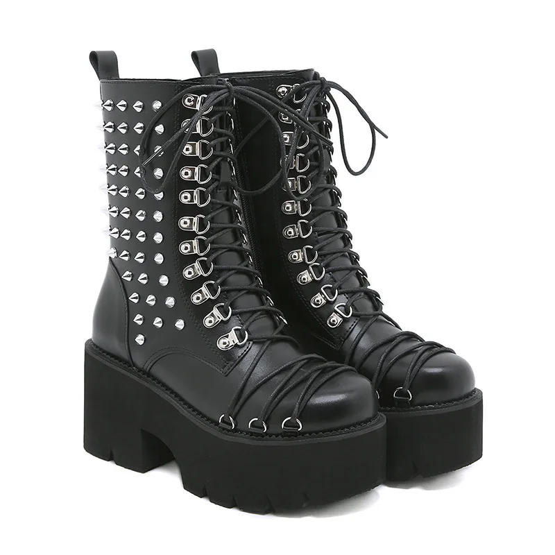 Punk Style Metal Rivet Locomotive Boots New Thick Heel Side Zipper Thick Sole Heightening Knight Boots Large Size Women's Boots
Punk Style Metal Rivet Locomotive Boots New Thick Heel Side Zipper Thick Sole Heightening Knight Boots Large Size Women's Boots