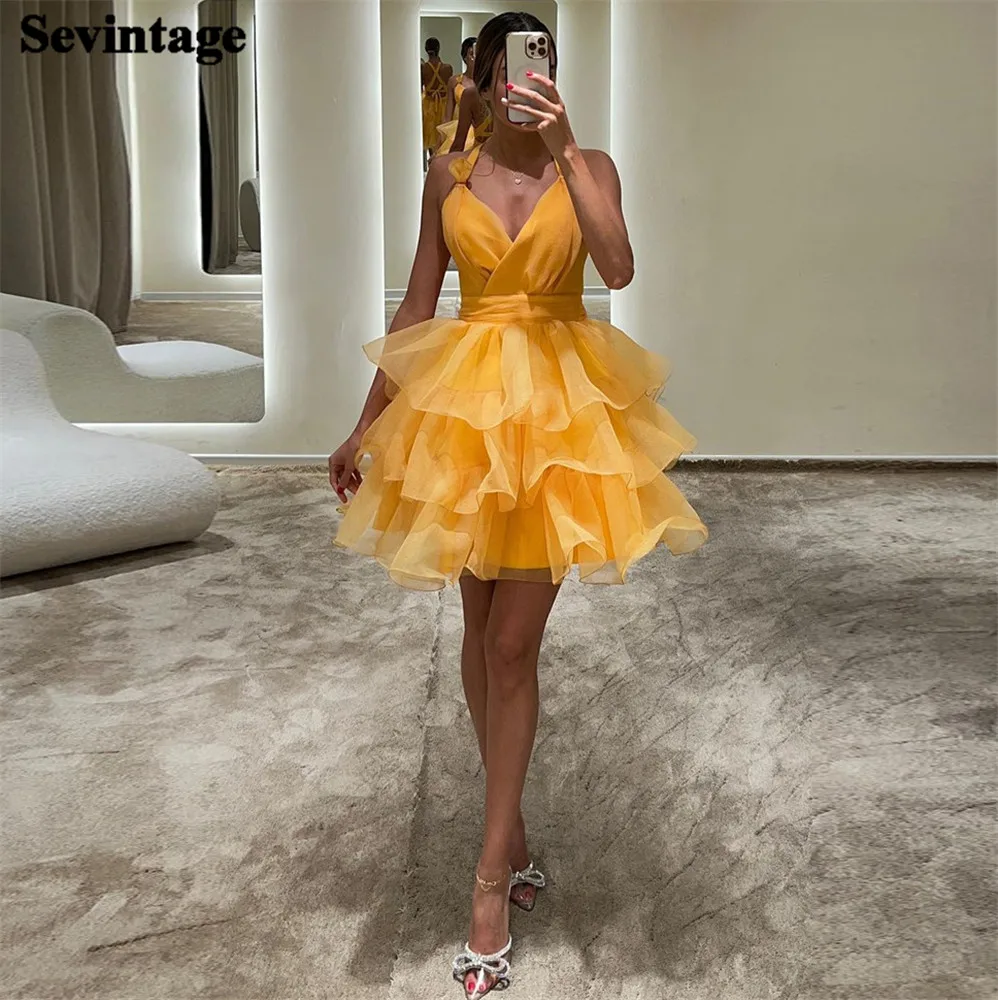 

Sevintage Hearty V-Neck Prom Dress Spaghetti Strap Above Knee Tiered Ruffles Pleated Party Gown vestidos para eventos especiale
