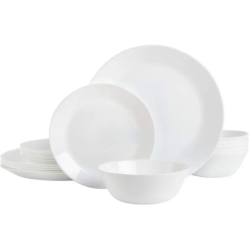 

Gibson Home Ultra 18 Piece Break and Chip Resistant Dinnerware Plates and Bowls Set, Round: Service for 6, Opal Glass, White