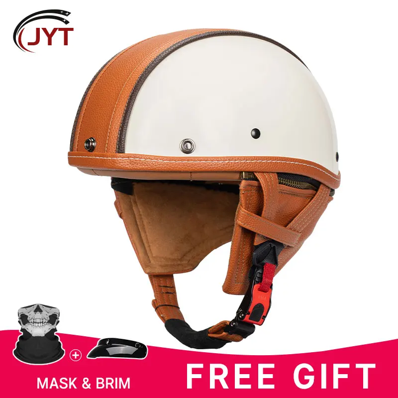 

Leather Half Face Helmet Retro Low Profile Motorcycle Helmets Vintage Motorbike Helmets Men Women Scooter Cruiser DOT Approved