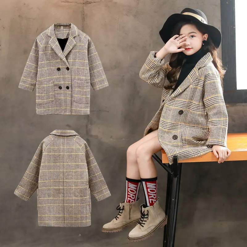 

2023 Autumn Fall Girls Cotton Houndstooth Long Coat Kids Outerwear Teen Children Clothes Fashion Turn-Down Collar Plaid Overcoat